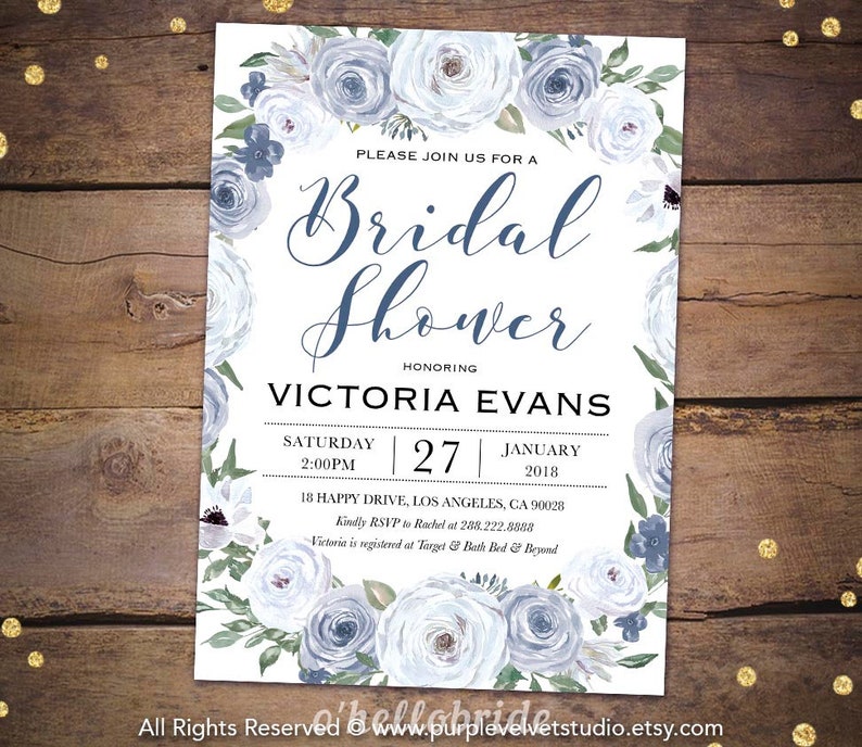 Bridal Shower Invitation Printable for Dusty Blue Bridal Shower White Bridal Shower Invitations Gray Bridal Shower Invites 005