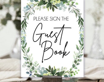 Printable Guest Book Sign, Guestbook Sign, Greenery Leaves Wedding Guest Book Sign - Tropical Leaves Bridal Shower Sign 008