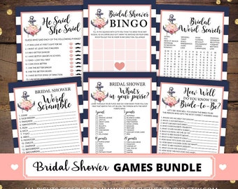 Printable Nautical Bridal Shower Games Package - Printable Anchor Bridal Shower Games Bundle, Navy Floral Bridal Games Bundle 001