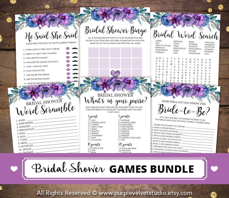 Printable Purple Floral Bridal Shower Games Package | Etsy