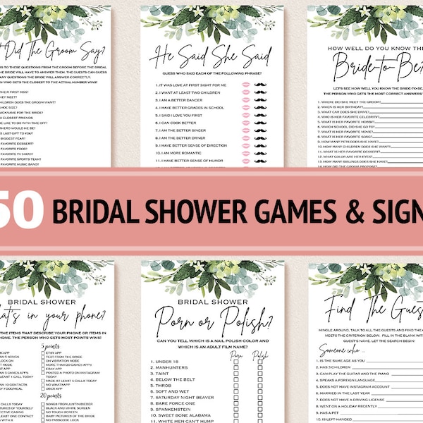 50 Greenery Leaves Bridal Shower Games and Signs Package - Printable Greenery Bridal Shower Games Bundle, Eucalyptus Bridal Games Bundle 011