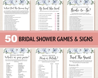 50 Dusty Blue Bridal Shower Games and Signs Package - Printable Floral Bridal Shower Games Bundle, White Floral Bridal Games Bundle 005