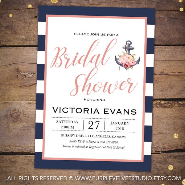 Bridal Shower Invitation Printable for Nautical Bridal Shower - Anchor Bridal Shower Invitations - Navy Bridal Shower Invites 001