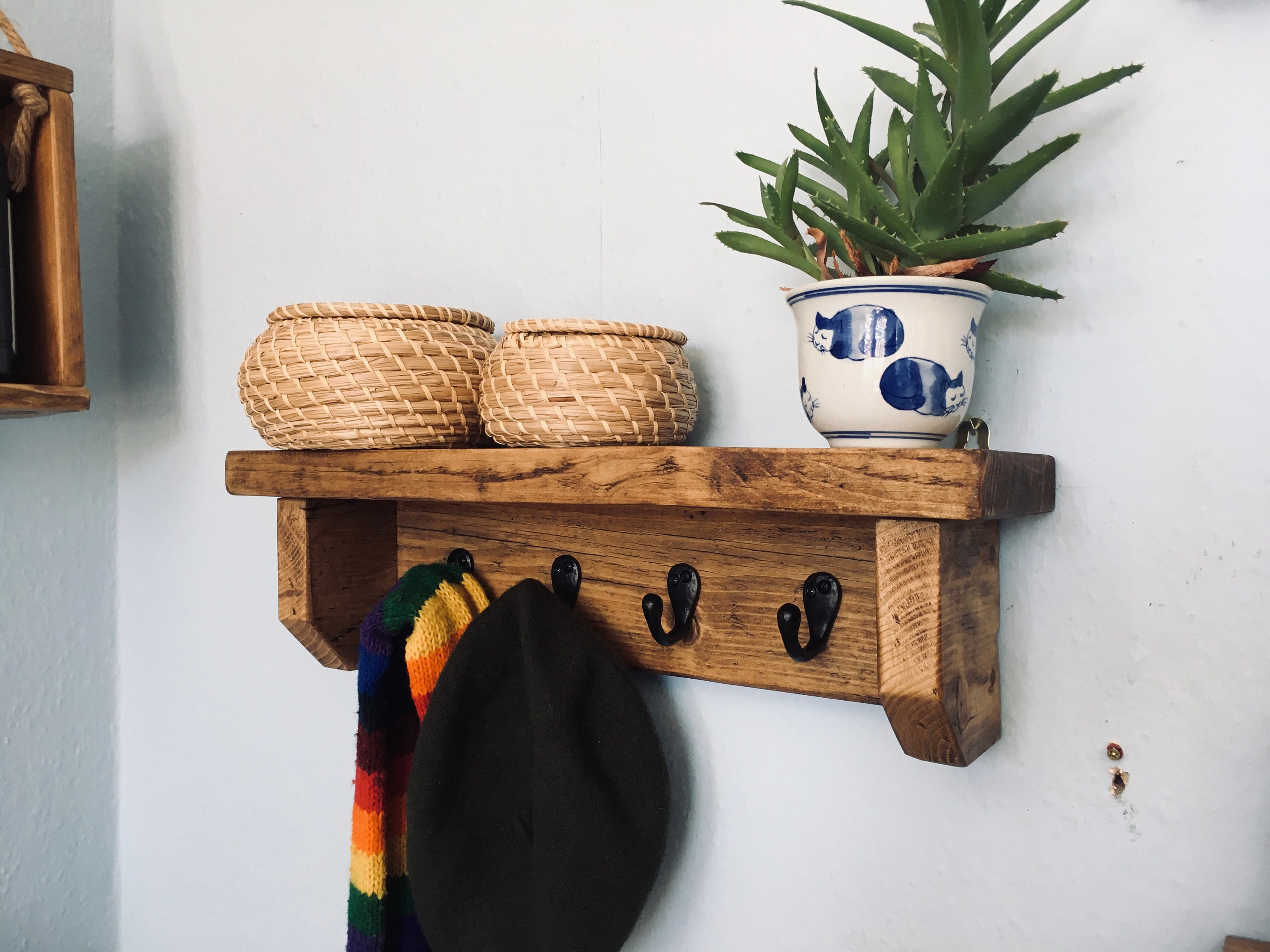 Rustic Reclaimed Shelf with Hooks Etsy