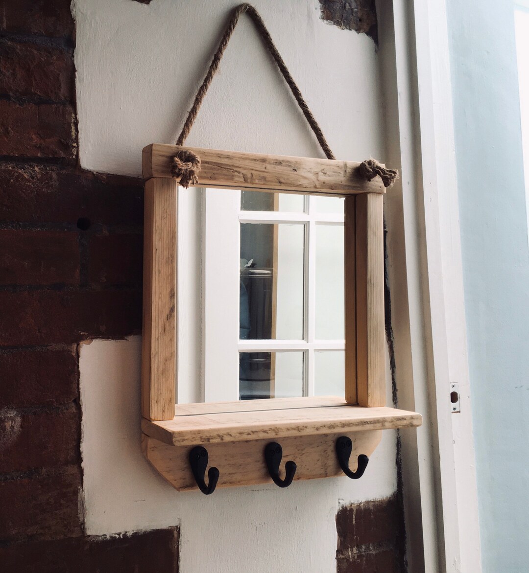 Wooden Mirror With Shelf Rustic Reclaimed Timber With Rope Etsy