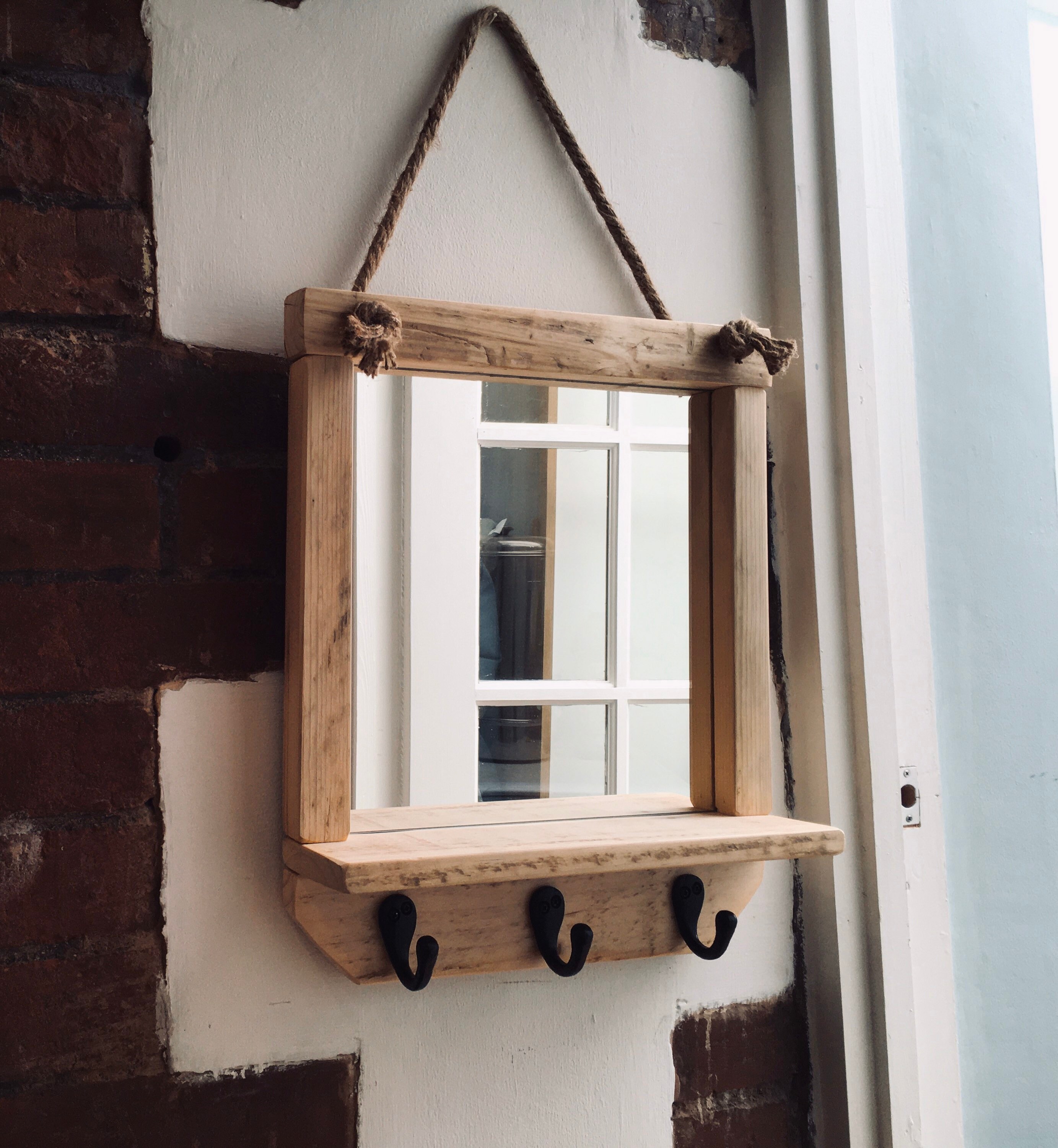 Wooden Mirror With Shelf Rustic Reclaimed Timber With Rope Etsy