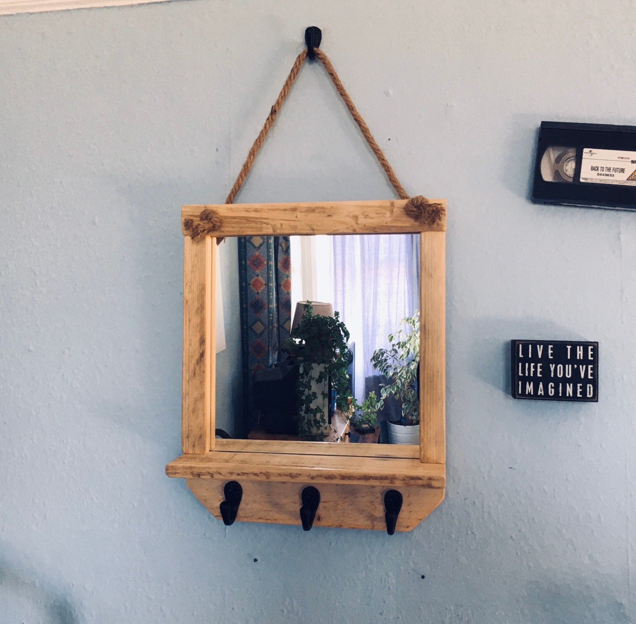 Wooden Mirror With Shelf Rustic Reclaimed Timber With Rope Etsy