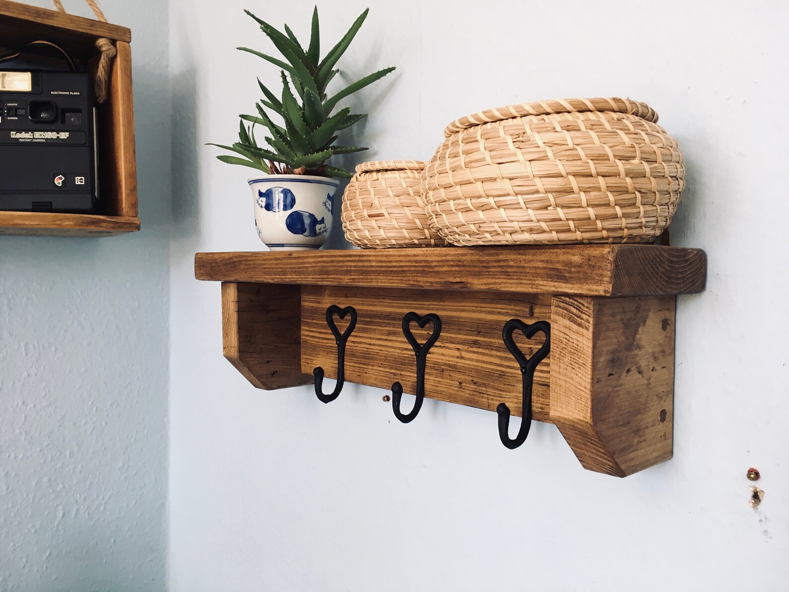 Rustic Reclaimed Shelf with Hooks Etsy