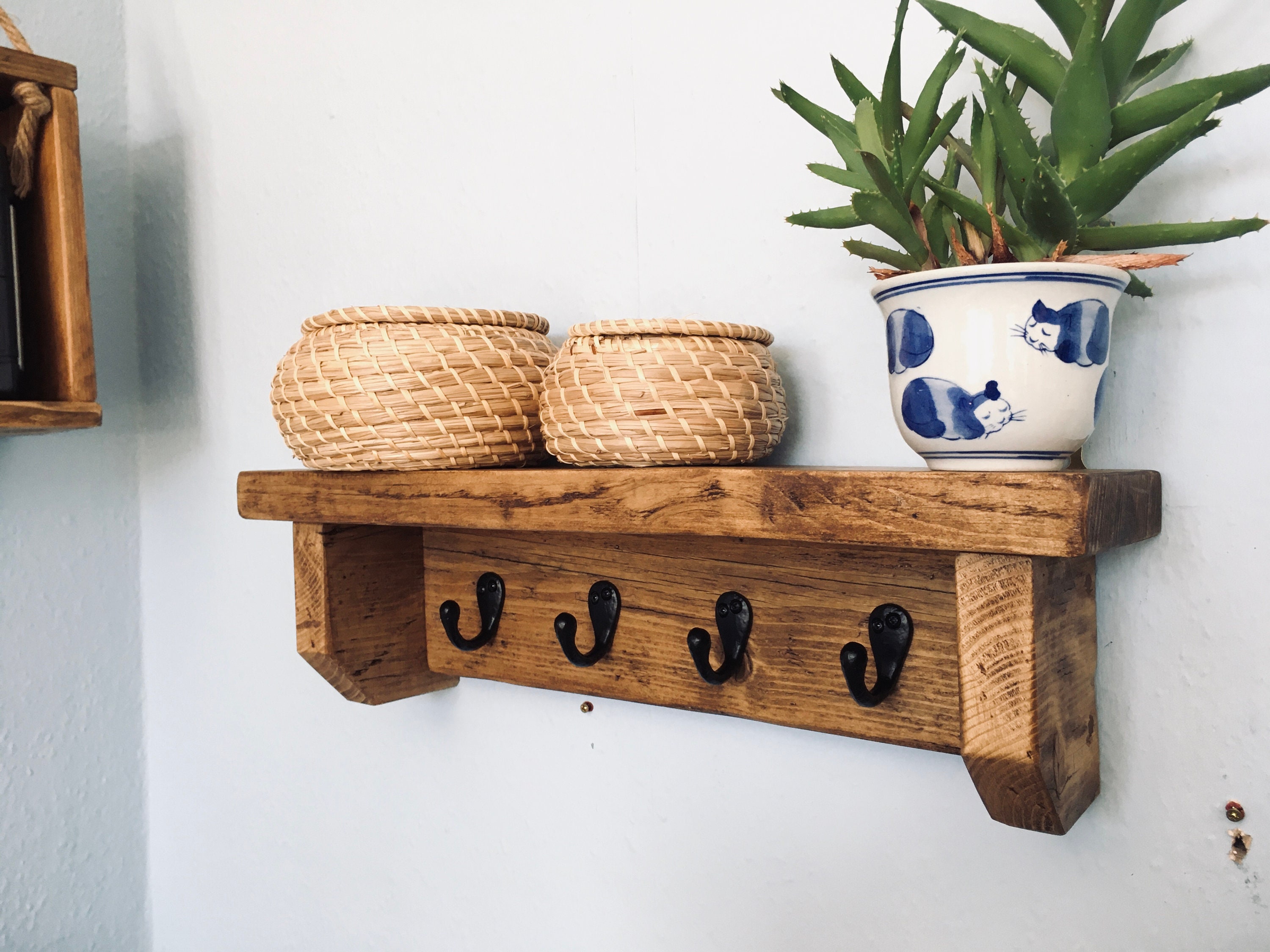 Rustic Reclaimed Shelf with Hooks Etsy
