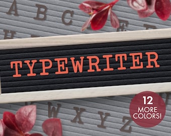 May include: A black letter board with a white wooden frame displays the word "TYPEWRITER" in red letters. A red circle with white text says "12 MORE COLORS!"