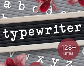 May include: A black letter board with the word "typewriter" spelled out in white letters. The board is surrounded by white letters and red leaves. The text "128+ LETTERS" is visible in a red circle.