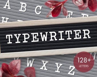 May include: A black letter board with a wooden frame displays the word "TYPEWRITER" in white letters. The board is surrounded by red leaves and a gray letter board with white letters, including "A", "B", "C", "W", "X", "Y", and "Z". A red circle with white text reads "128+ LETTERS".