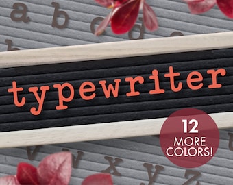 May include: A black letter board with a white frame and the word "typewriter" spelled out in red letters. A red circle with the text "12 MORE COLORS!" is in the lower right corner of the image.