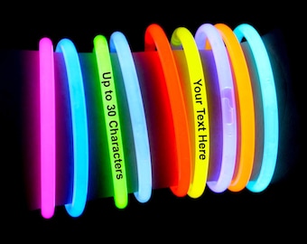 50 x Personalized 8" Glow Bracelets Necklaces Light Sticks Imprinted w/YOUR MESSAGE Birthday Party Dj Wedding Favors Bridal Baby Shower