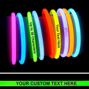 50 x Personalized 8" Glow Bracelets Necklaces Light Sticks Imprinted w/YOUR MESSAGE Birthday Party Dj Wedding Favors Bridal Baby Shower