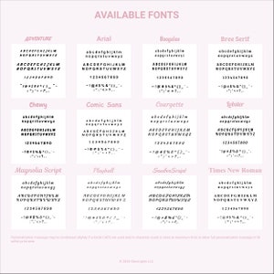 May include: A chart showing 10 different font styles with the alphabet, numbers, and punctuation marks. The font styles are Adventure, Arial, Boogaloo, Bree Serif, Chewy, Comic Sans, Courgette, Lobster, Magnolia Script, Playball, Sauber Script, and Times New Roman.