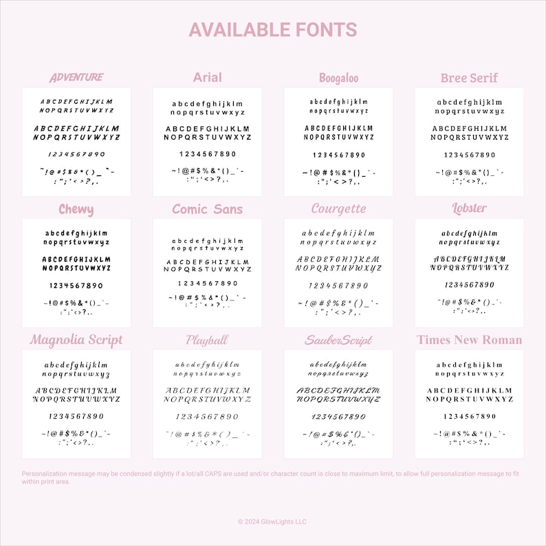 May include: A chart showing 10 different font styles with the alphabet, numbers, and punctuation marks. The font styles are Adventure, Arial, Boogaloo, Bree Serif, Chewy, Comic Sans, Courgette, Lobster, Magnolia Script, Playball, Sauber Script, and Times New Roman.