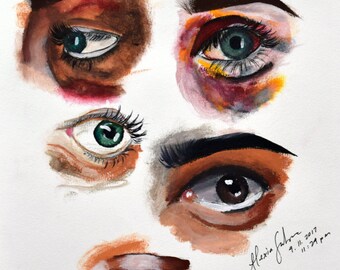 May include: Five watercolor paintings of eyes, each with different colors and details. The eyes are painted in shades of brown, green, and black. The paintings are signed "Alexia Fabre 2017 9.11.11:27 pm".