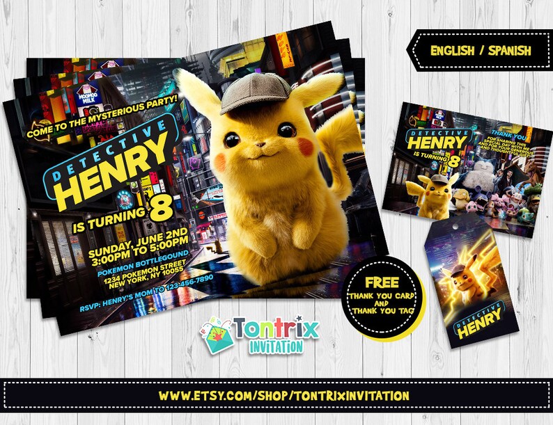 Detective Pikachu Invitation Personalized Name Detective Pikachu Birthday Party Pokemon Birthday Pokemon Invitation A109