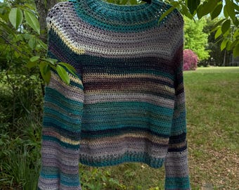 Whimsical Crochet Sweater with Bell Sleeves – Striped Knit Top