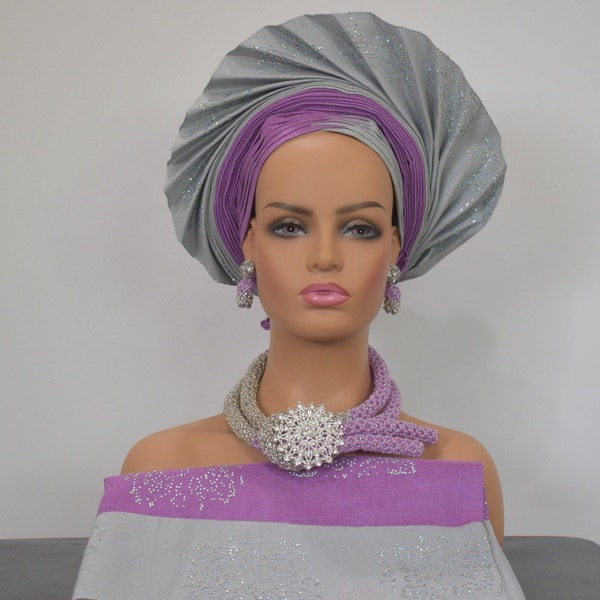 Fan autogele/ autogele aso oke/ pre-tied headwrap / costume jewelry/ luxury jewelry/ silver/lilac combo/Ipele / shoulder sash/ embellished