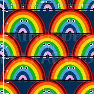 Peut inclure: Un motif sans couture composé d'arcs-en-ciel colorés avec des contours noirs et deux yeux blancs sur un fond bleu foncé.