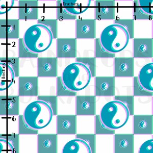 May include: A white and teal checkered pattern with a repeating yin yang symbol. The yin yang symbol is blue and white with a light purple outline.