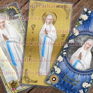 Onze-Lieve-Vrouw van Banneux, België, Maagd der Armen gelamineerde heilige gebedskaarten. Standbeeld van Onze-Lieve-Vrouw van Banneux.