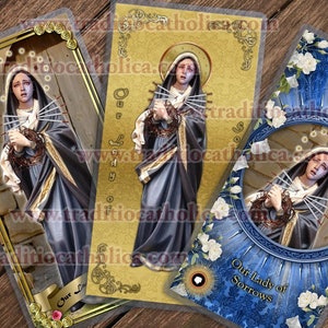 Estampas plastificadas de Nuestra Señora de los Dolores, la Madre Dolorosa. Colección de estatuas de María. Arte de estatuas de la Madre Dolorosa.