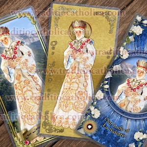 Unsere Liebe Frau von La Salette laminierte katholische heilige Gebetskarten.  Statue Maria Kunst. Statue Unserer Lieben Frau von La Salette.