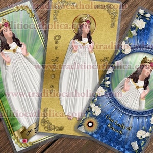 Our Lady of Knock, Ierland gelamineerde katholieke heilige gebedskaarten. Onze-Lieve-Vrouw van Klopstandbeeldkunst.