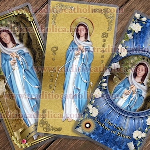 Our Lady Undoer of Knots laminated Catholic Holy Cards. Statue of Mary collection. Untier of Knots Statue Art.