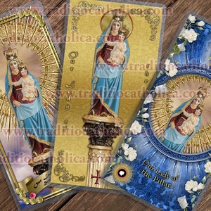 Onze-Lieve-Vrouw van de pijler gelamineerde katholieke heilige gebedskaarten.  Standbeeld van Maria Art. Standbeeld van Onze-Lieve-Vrouw van de Pilaar.