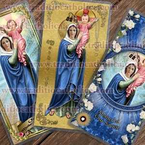 Our Lady, Mother of Our Savior laminated Catholic Holy Cards. Statue of Mary collection. Mother of Our Savior Statue Art.