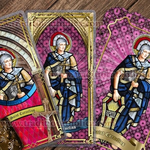 Saint St. Cornelius the Centurion, patron of soldiers and Jewish converts laminated Prayer card. St. Cornelius stained glass art.