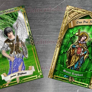 Saint St. Raphael Archangel Stained Glass and statue art custom refrigerator magnet. St. Raphael stained glass art.