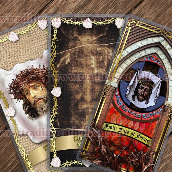 Holy Face of Jesus Stained Glass, sculpture veil and shroud laminated Holy Prayer cards. Jesus Holy Cards.