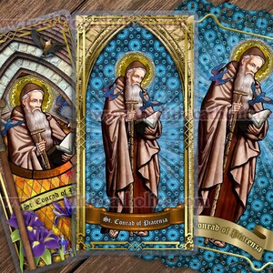 Santo Conrado de Piacenza, Itália padroeiro das hérnias Cartão de oração sagrada laminado em vitral. Santo italiano. Espessura de 5 mil