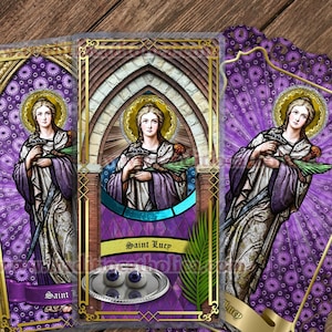 Saint Lucy Traditional Catholic stained glass lace Holy Prayer card. St. Lucy stained glass art