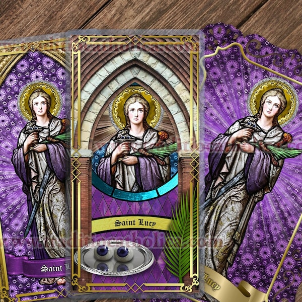 Saint Lucy Traditional Catholic stained glass lace Holy Prayer card. St. Lucy stained glass art