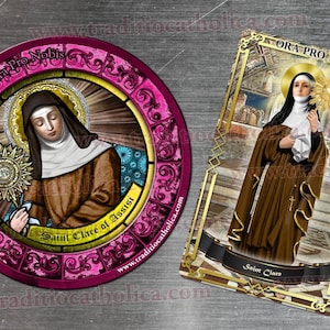 Saint Clare of Assisi, Italian saint Stained Glass round and rectangular refrigerator magnets. St. Clare stained glass art.