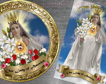 Our Lady of America, USA gold round and rectangular custom refrigerator magnets. Our Lady of America statue.