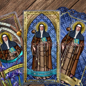 Saint Angela Merici glas-in-loodkunst gelamineerd katholieke heilige gebedskaarten. Gebed tot de heilige Angela.