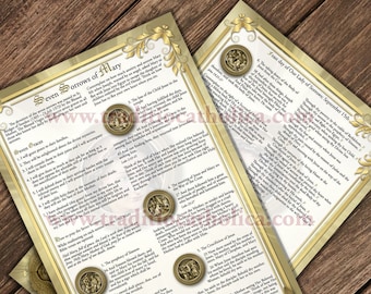 Seven Sorrows of Mary devotion of Saint Bridget of Sweden large laminated Holy Prayer card. Devotional Art. 5mil thick