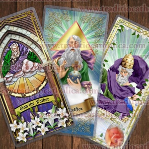 God de Vader gelamineerde katholieke heilige kaarten. Katholieke heilige gebedskaarten. Standbeeld en glas-in-loodramen van God de Vader