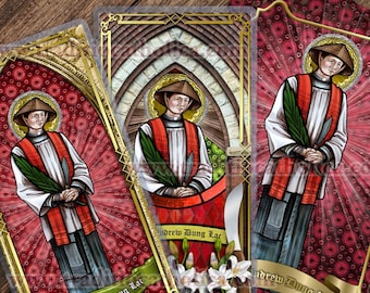 Estampas de oración católicas laminadas de San Andrés Dung Lac. Arte en vidrieras de San Andrés Dung Lac.
