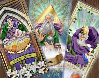 God the Father laminated Catholic Holy Cards. Catholic holy prayer cards. God the Father statue and stained glass