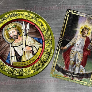 Saint Edmund the Martyr patron of pandemics Stained Glass round 4 inch and rectangular refrigerator magnets. St. Edmund stained glass art.