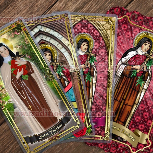 Saint Therese of Lisieux, Little Flower laminated Catholic Holy Prayer Card. St Therese Statue and stained glass art.