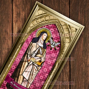 Handgemaakte ingelijste prints van Saint Hildegard von Bingen. 7 x 14 formaat. St. Hildegard-glas-in-loodkunst